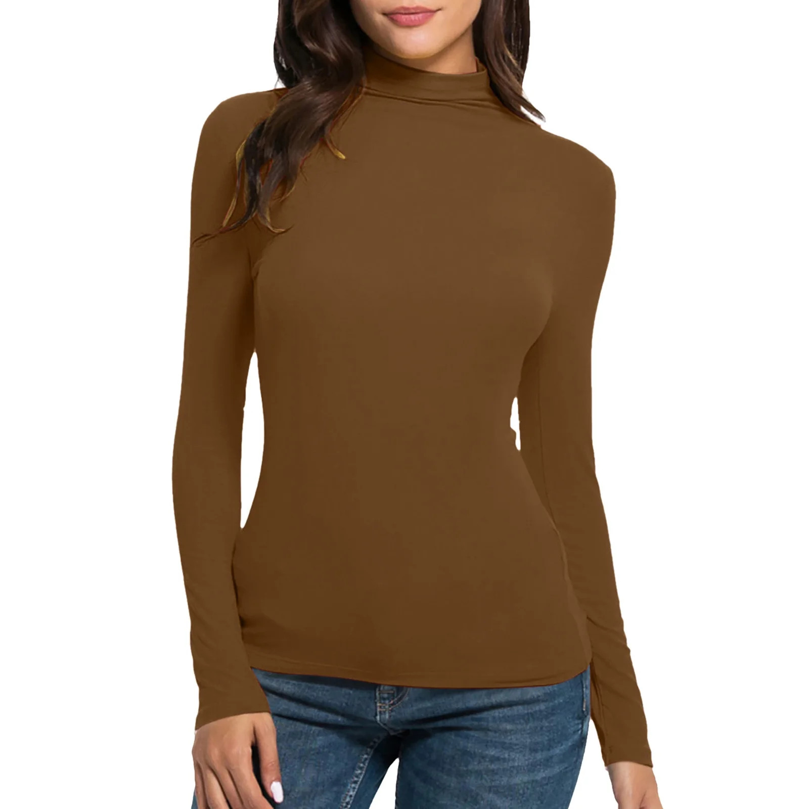 Tawop Shirts for Women Womens Tee Shirts Long Sleeve High Neck Solid Slim Brown Xl(Us:10) | Walmart (US)