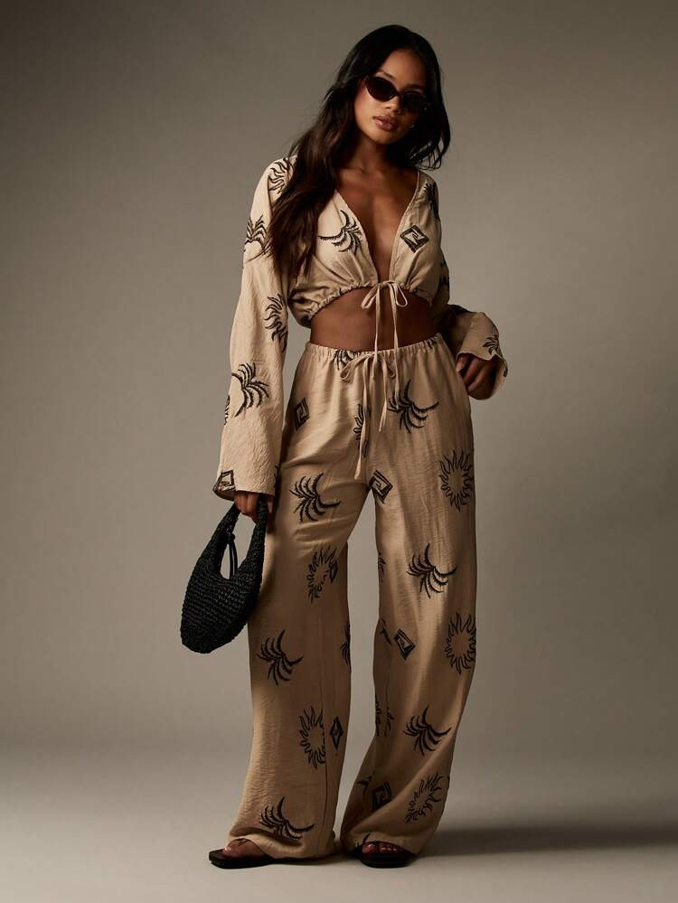 MISSGUIDED Embroidered Linen Feel Co-Ord Set High Waist Wide Leg Pants Balloon Sleeve Crop Top Resort Wear Sun Pattern Beach Festival Summer Outfit | SHEIN