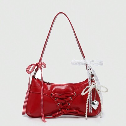 Women's Retro Ballet Style Bow Decor Chain & Pearl Lace Accent Shoulder/Underarm Fanny Pack Cross Body Bag | SHEIN