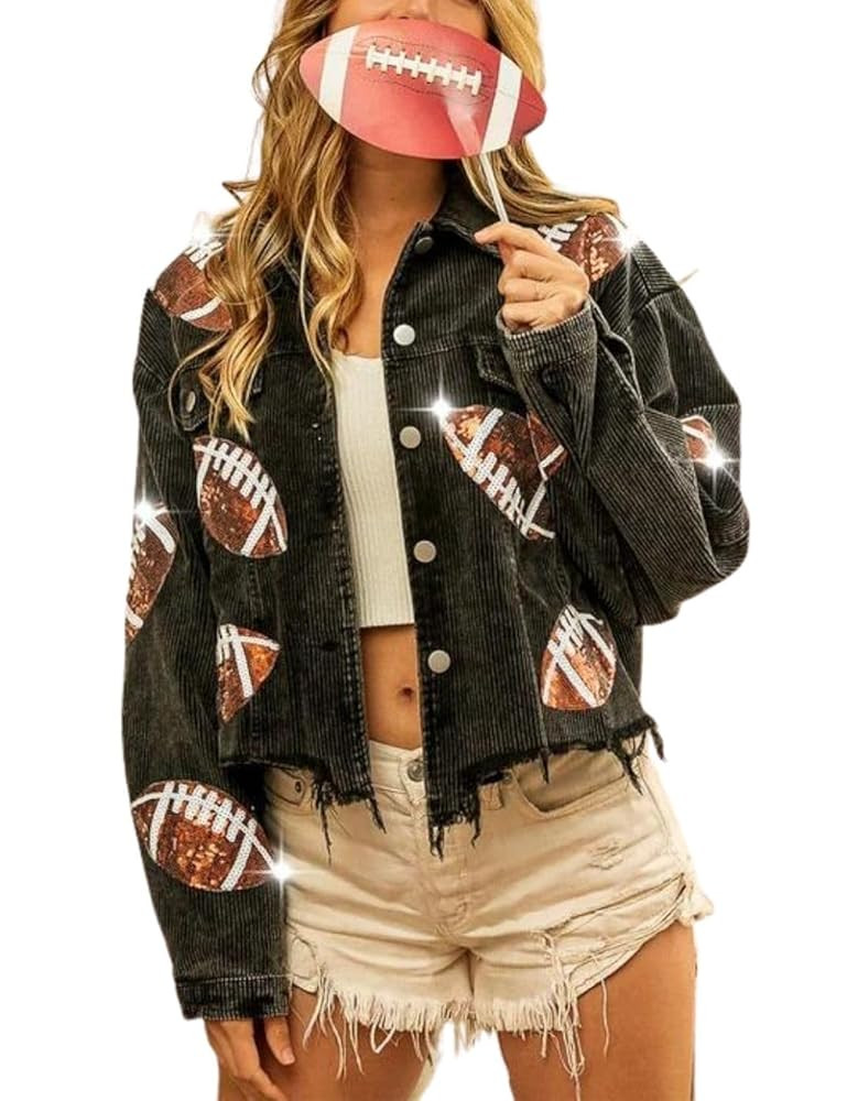 happlan Football Sequin Embroidery Rugby Cropped Frayed Hem Vintage Washed Corduroy Jacket Coat S... | Amazon (US)