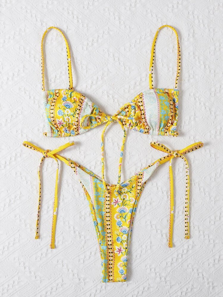 Swim Mod Summer Beach Ditsy Floral Rib Tie Side Bikini Set | SHEIN
