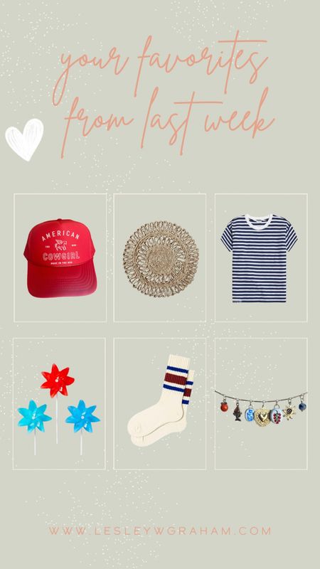 Top sellers last week. America trucker hat. Jute charger. Blue striped shirt. Fourth of July. Charm necklaces

#LTKSeasonal #LTKover40 #LTKhome