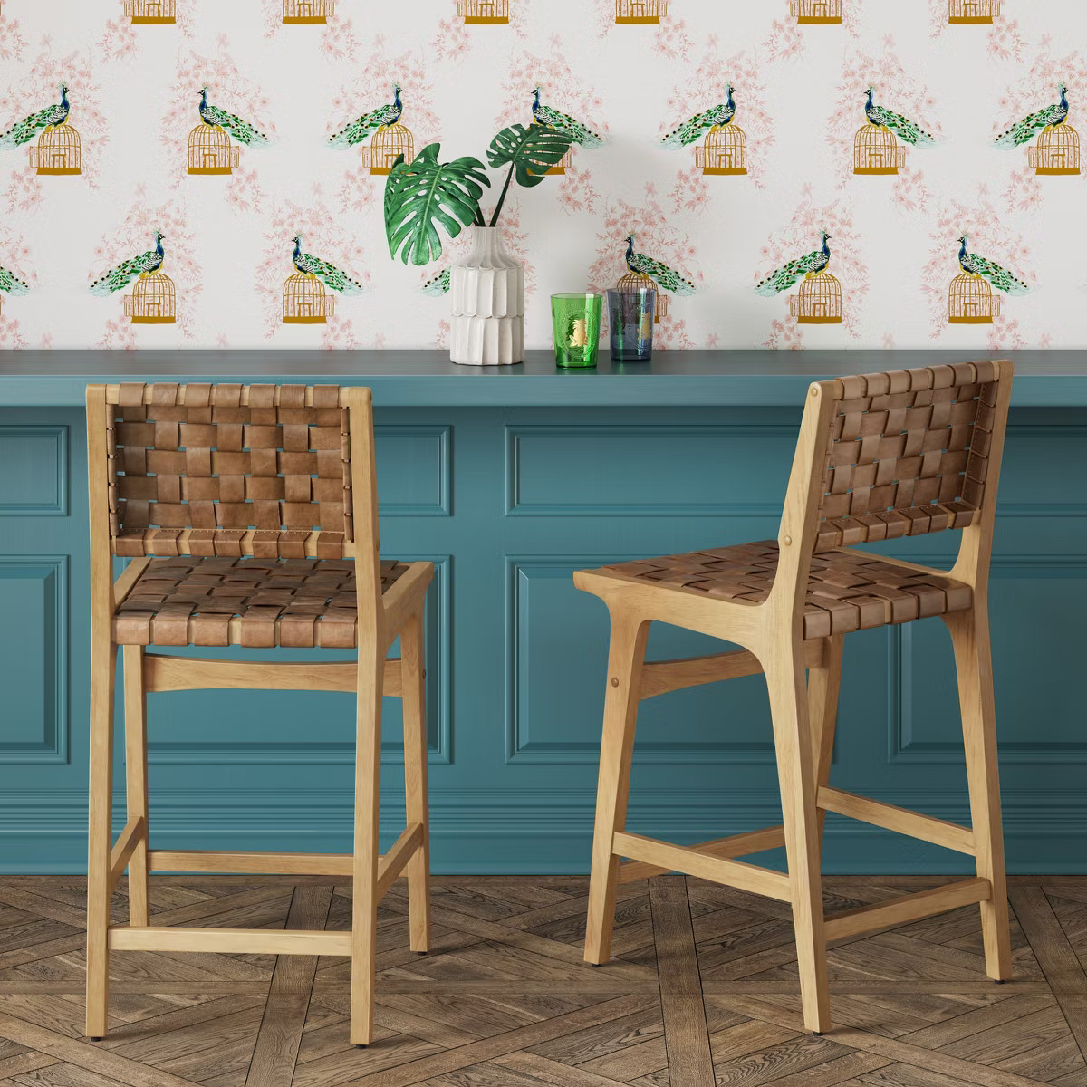 Ceylon Woven Counter Height Barstool Brown/Natural Wood - Threshold™: Rubberwood Frame, Bonded ... | Target