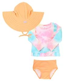 Rainbow Tie Dye Long Sleeve Bikini & Melon Hat Set | RuffleButts / RuggedButts
