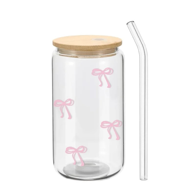 Glass Cup with Lid and Straw, Boriyuan 16 oz Iced Coffee Cup, Reusable Pink Bow Design Cute Tumbl... | Walmart (US)