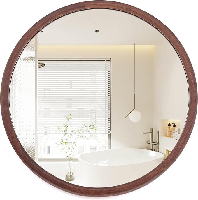 Round Wall Mounted Mirror Decorative Bathroom Walnut Wood Grain Rustic Framed Vanity Circle Mirro... | Amazon (US)