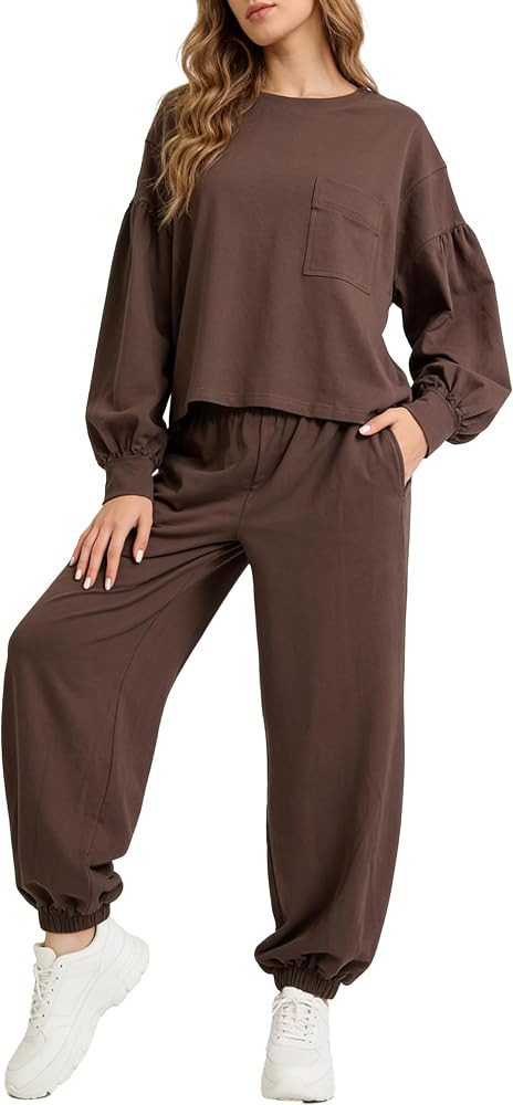 Women’s 2 Piece Lounge Set Lantern Sleeve Top Jogger Pants Matching Set Comfy Travel Everyday O... | Amazon (US)