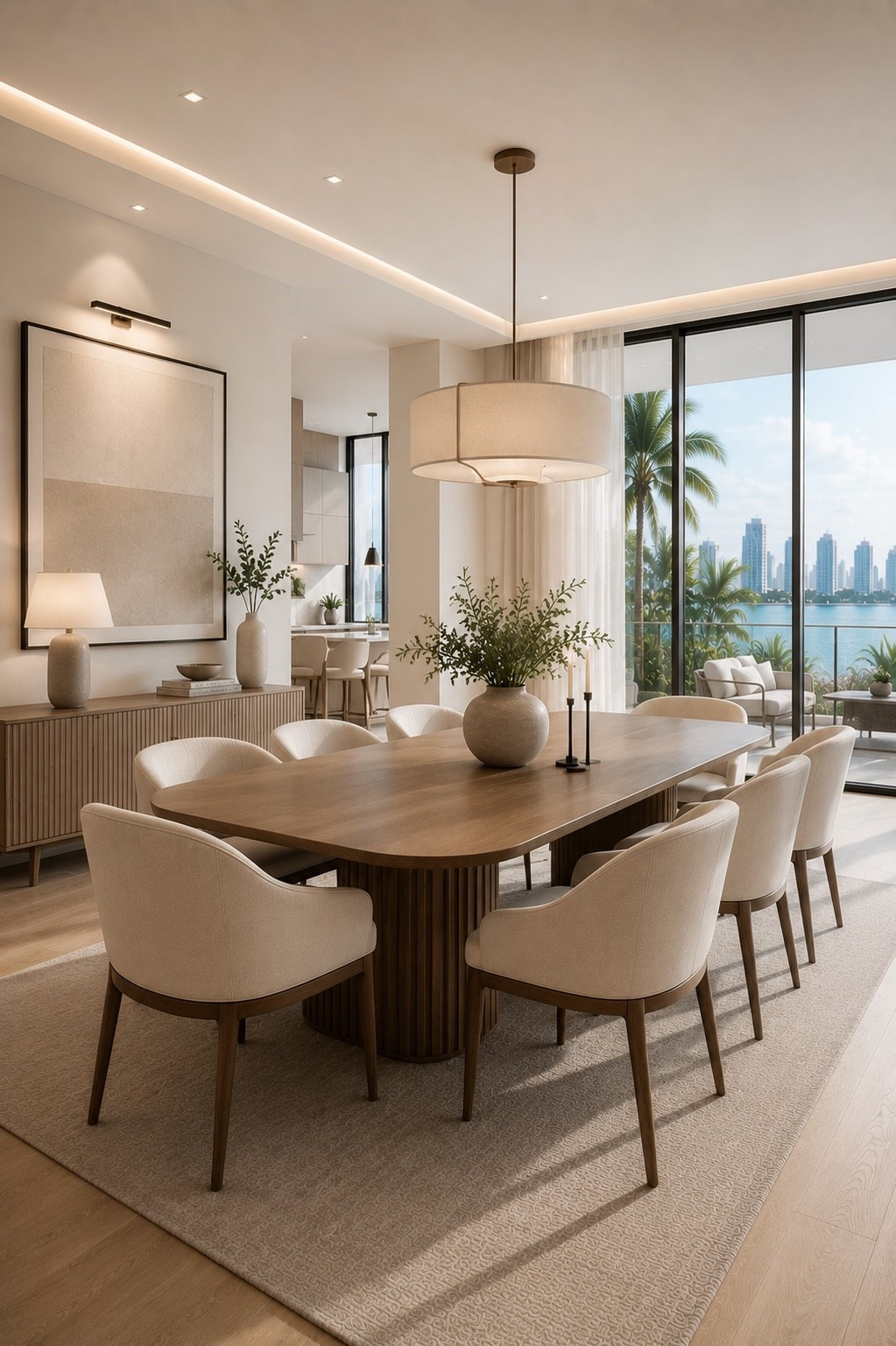 A sophisticated dining room featuring a warm wood dining table, sculptural cream upholstered chairs, soft neutral textures, statement pendant lighting, and floor-to-ceiling windows. Natural wood tones and relaxed contemporary details create an elegant, inviting space inspired by modern Miami luxury.

#diningroomdesign #moderndiningroom #organicmodern #warmmodern #luxurydiningroom #diningroomdecor #neutralhome #luxuryinteriors #interiordesign #modernhome #homedecor #designerhome #diningroominspo #ltkhome #amazonhome #homeinspiration #modernluxury #neutraldecor #contemporaryhome #miamidesign
