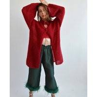 Christmas Red Mohair Cardigan Buttoned Long Thick Warm Handknit Wool Cape Kimono Chunky Chic Extravagant | Etsy (US)