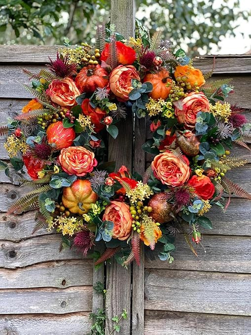 Amazon.com: Fall Peony and Pumpkin Wreath - Autumn Year Round Wreaths for Front Door , Artificial... | Amazon (US)