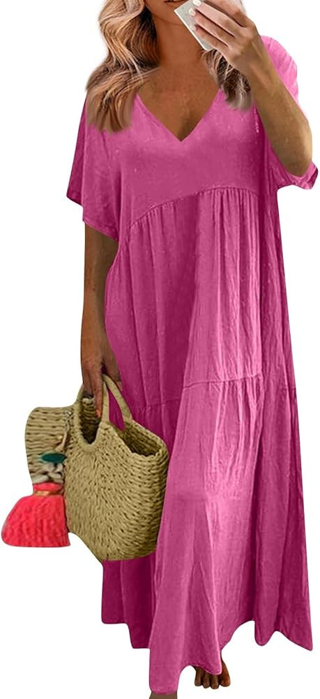 Linen Dress Women Summer Short Sleeve V Neck Plus Size Maxi Dress Casual Flowy Loose Long Vacatio... | Amazon (US)