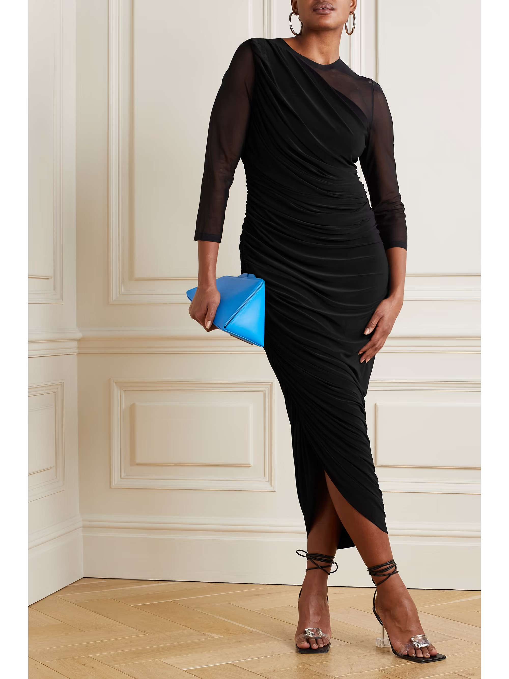 Diana ruched jersey and mesh midi dress | NET-A-PORTER (US)