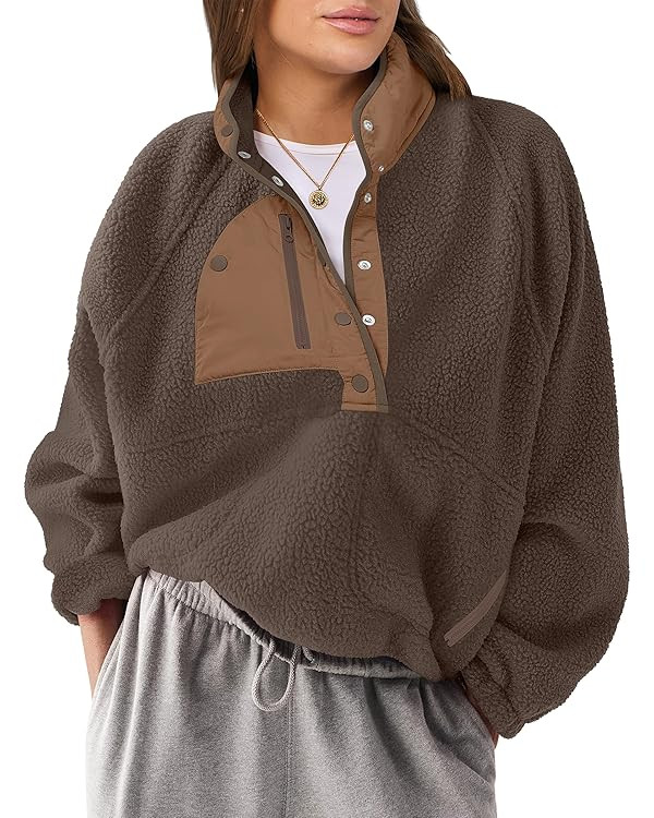 ANRABESS Women Fuzzy Fleece Pullover Sherpa Sweatshirt Long Sleeve Button Down Warm Soft Loose Sw... | Amazon (US)