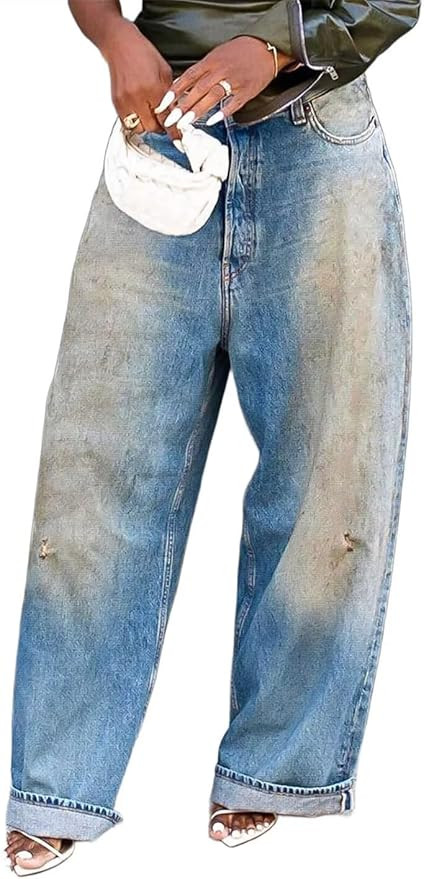Flamingals High Waist Boyfriend Barrel Leg Jean for Women Casual Wash Ripped Casual Boot Cut Deni... | Amazon (US)