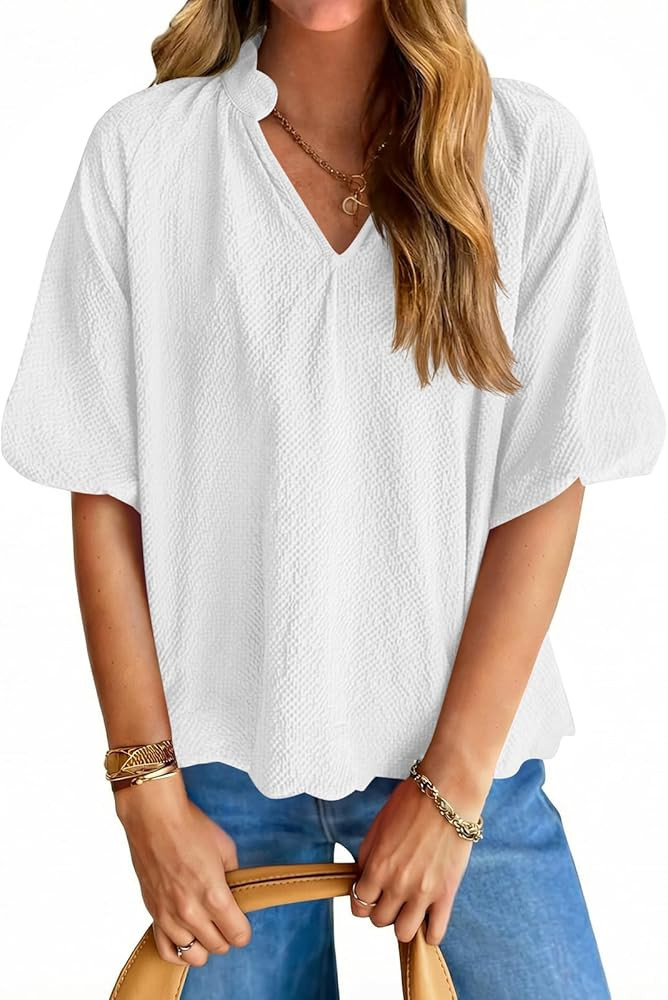 Tankaneo Womens V Neck Puff Sleeve Tops Oversized Textured Blouses Dressy Casual Summer Loose Fit... | Amazon (US)