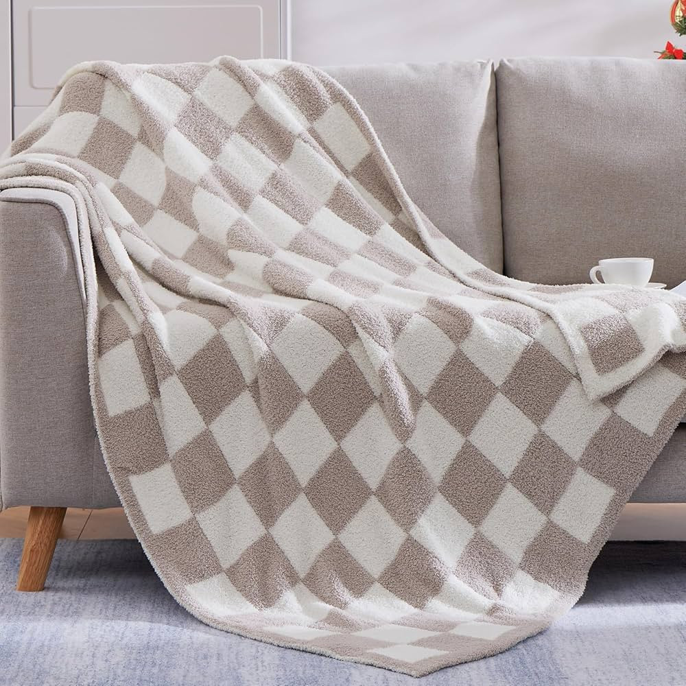 WRENSONGE Checkered Throw Blanket, Taupe Soft Cozy Fluffy Warm Hand Made Throw Blankets for Couch... | Amazon (US)