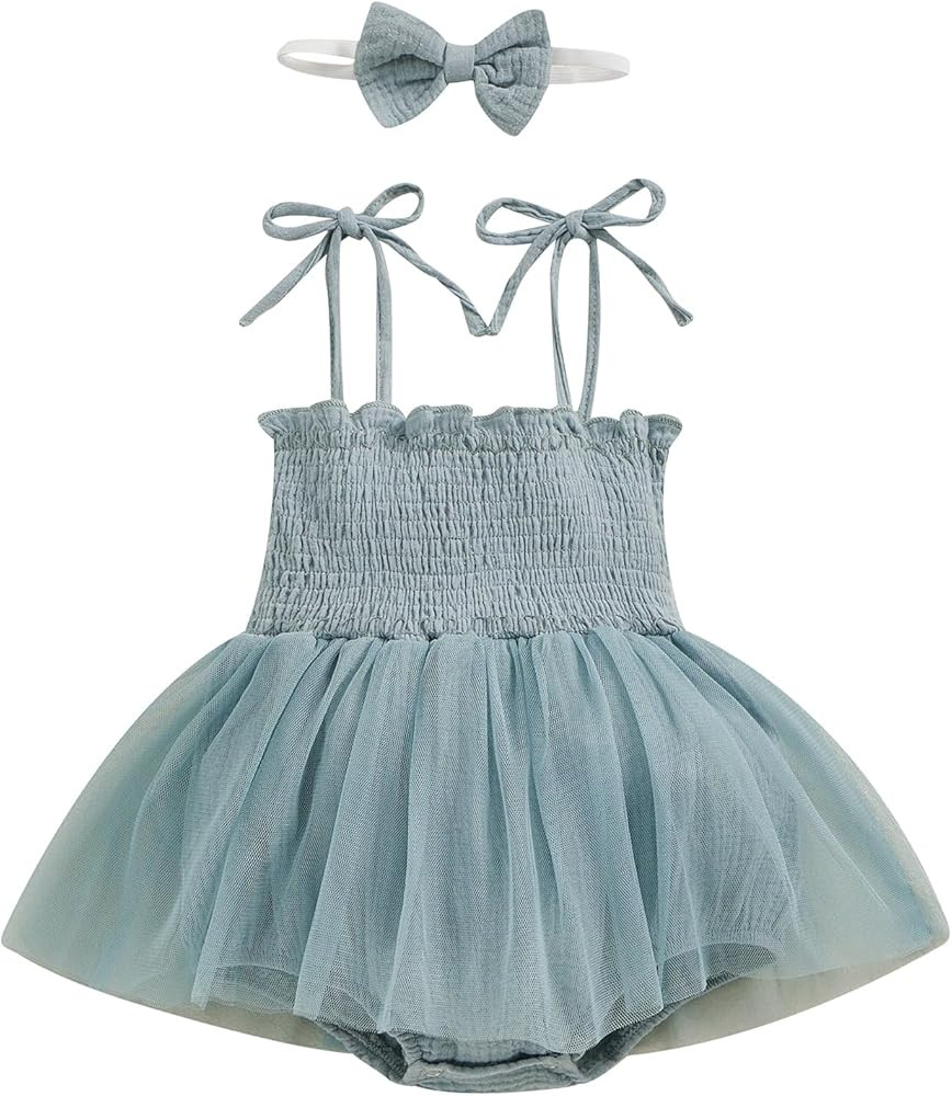 Newborn Baby Girl Romper Dress Sleeveless Pleated Halter Spaghetti Straps Tulle Bodysuit 1Pcs Sum... | Amazon (US)