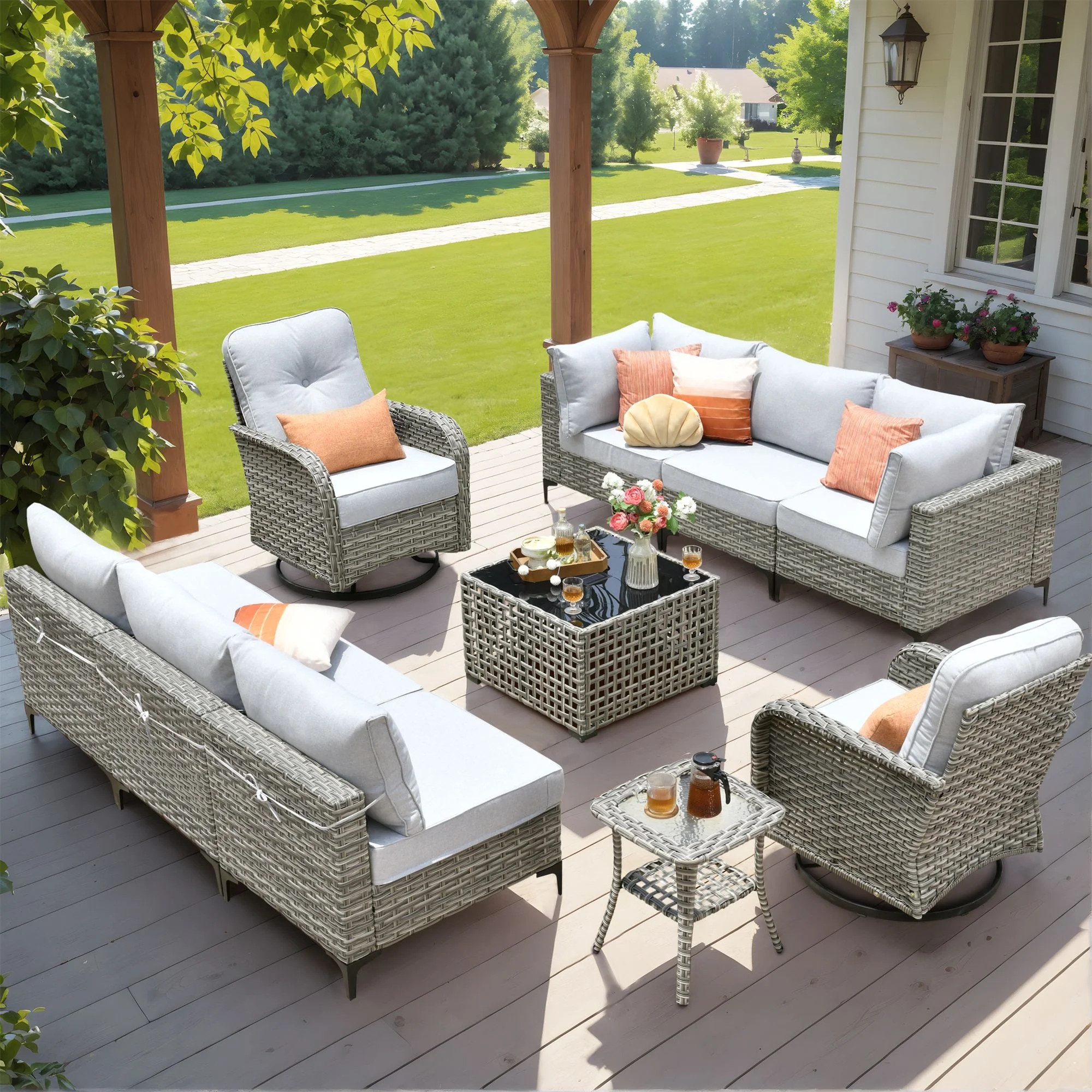 XIZZI 10 Pieces Wicker Patio Furniture with Swivel Rocking Chair Rattan Outdoor Conversation Set ... | Walmart (US)