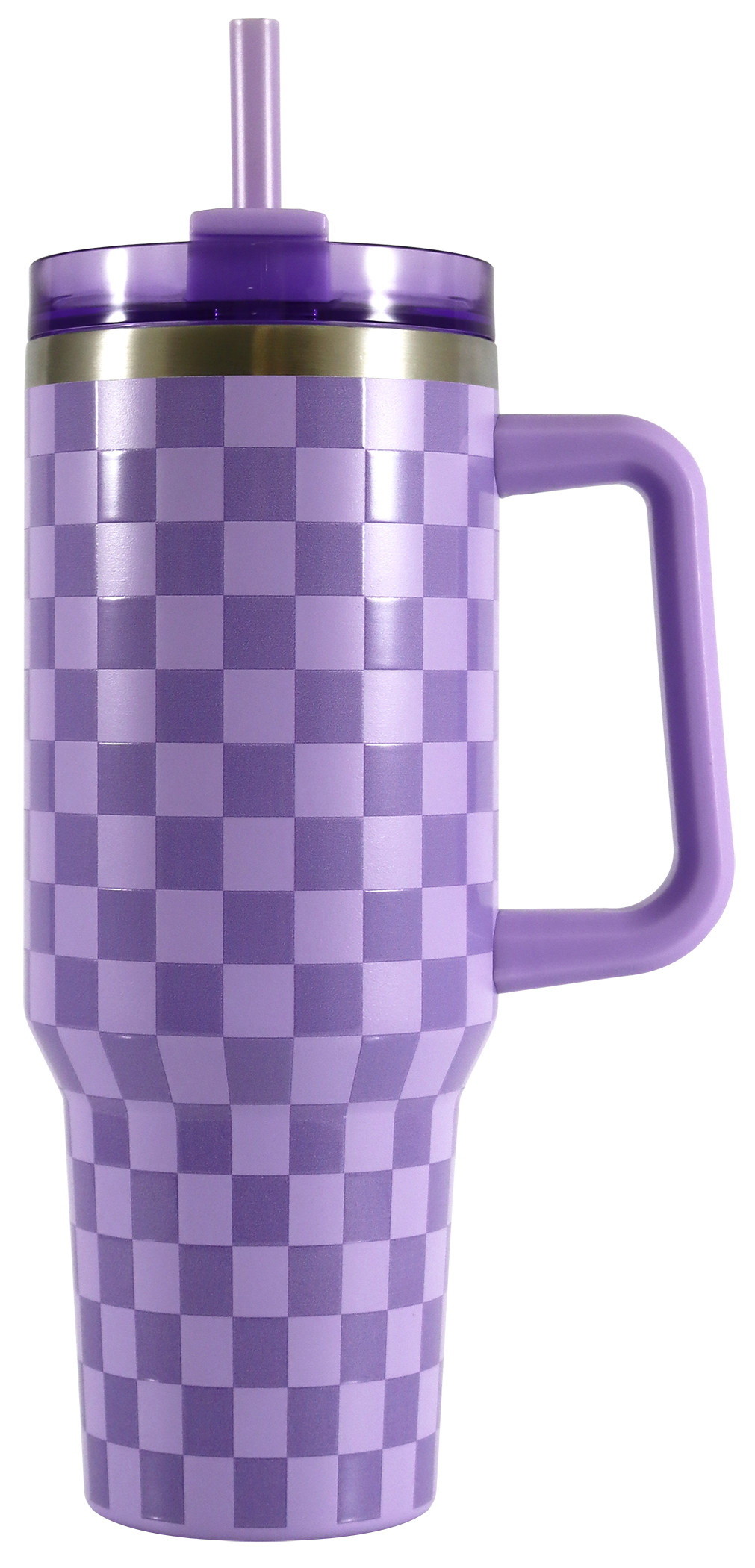 Mainstays 40 oz Stainless Steel Tumbler with Straw and Handle, Double Wall Insulated, Purple Chec... | Walmart (US)