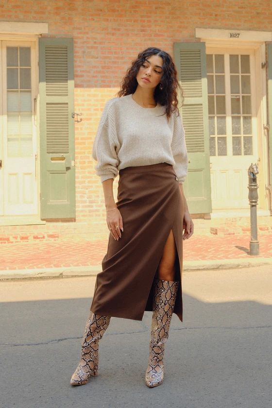 Perfect Sophistication Brown Twill Button Wrap Midi Skirt | Lulus (US)