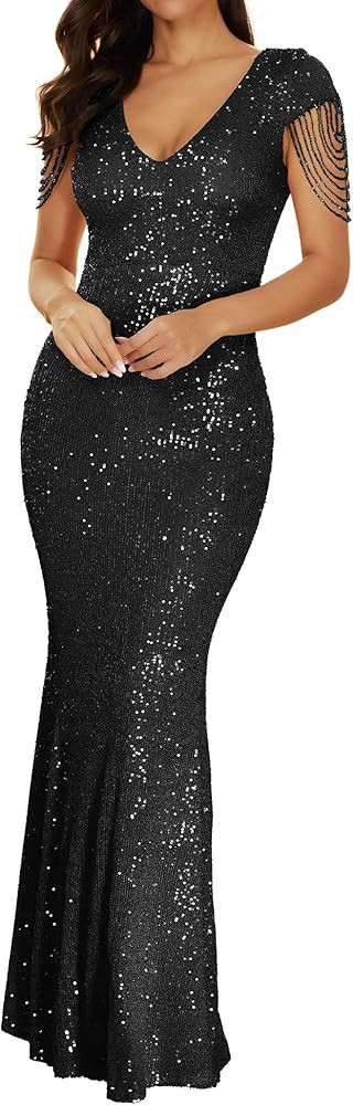 Women 1920s Plus Size Formal Dress Tassels Sleeve Sequins Gatsby Maxi Evening Gown | Amazon (US)