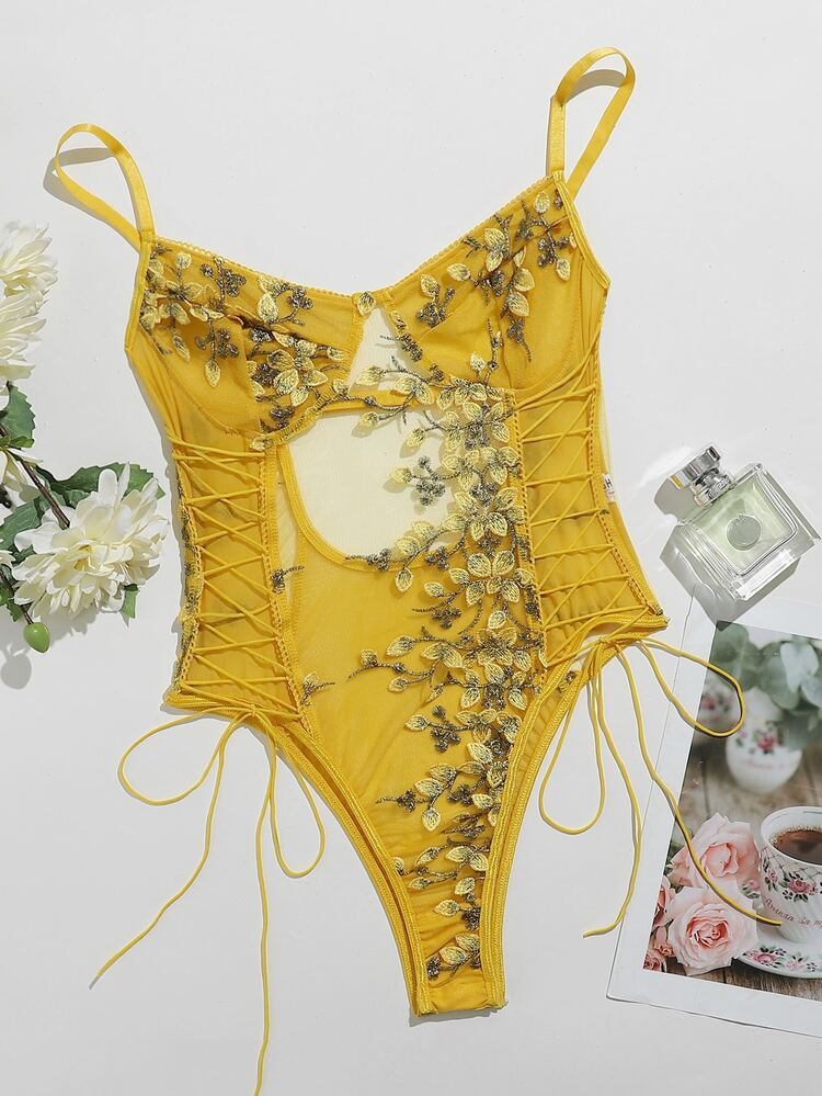 Embroidered Mesh Lace-up Teddy Bodysuit | SHEIN
