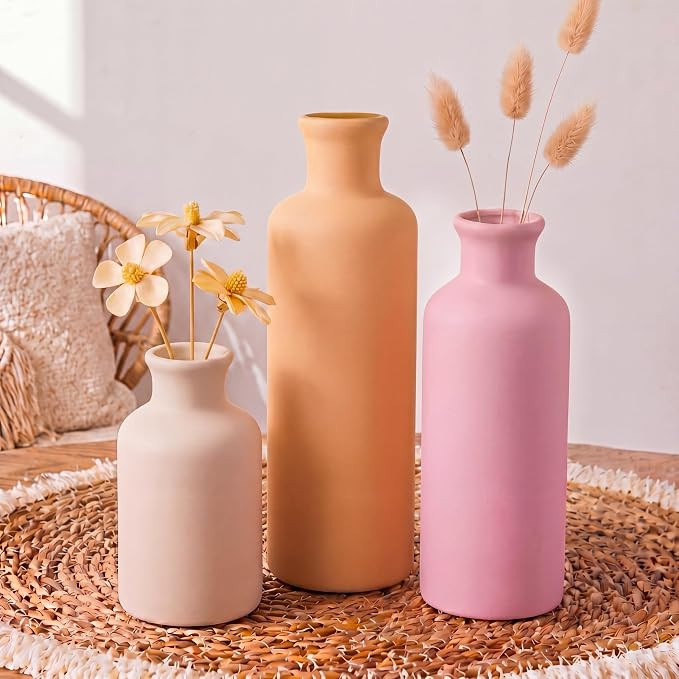 Modern Boho Ceramic Vase Set of 3 Pink and Orange Flower Vases | Rustic Farmhouse Decorative Bott... | Amazon (US)