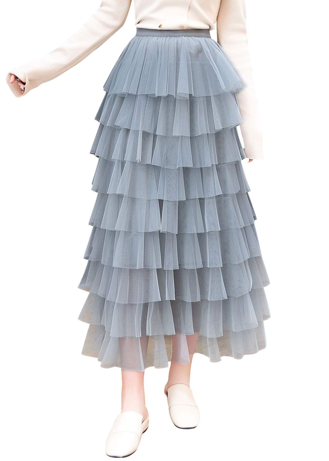 ebossy Women's Sweet Elastic Waist Tulle Layered Ruffles Mesh Long Tiered Skirt | Amazon (US)
