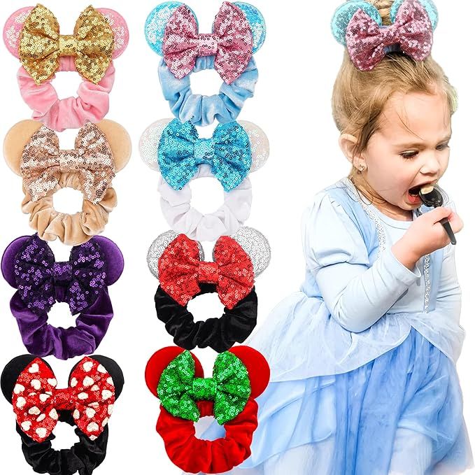 JOYOYO Mouse Ears Scrunchies, 8 Pack Sparkle Sequins Hair Bows Velvet Hair Scrunchies Hair Elasti... | Amazon (US)