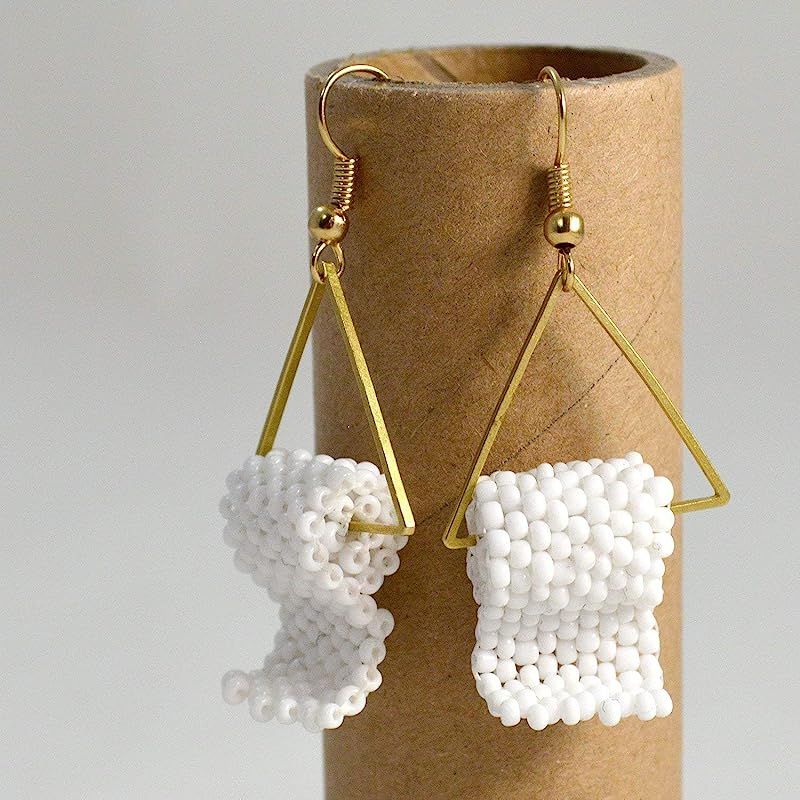 Funny Gift for Her Toilet Paper Earrings Handmade Beaded White and Gold Tone Pair | Amazon (US)