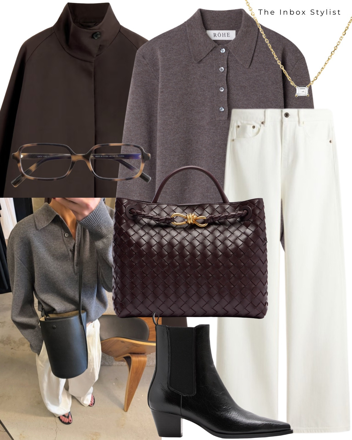 Bringing 90s silhouettes into an outfit  

Including white wide leg jeans, funnel neck jacket, brown polo jumper, emerald pendant necklace, heeled Chelsea boots, oval glasses. 

#LTKstyletip #LTKuk #LTKspring