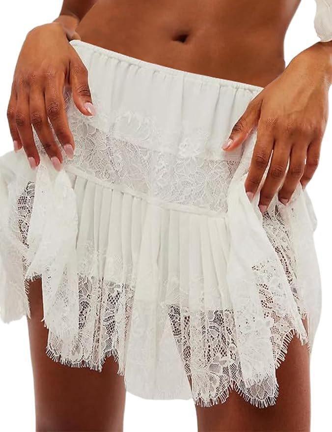Arssm Womens Y2k Ruffle Mini Skirt Lace Pleated Short Skirt Elastic Waist A-Line Tiered Flowy Ski... | Amazon (US)
