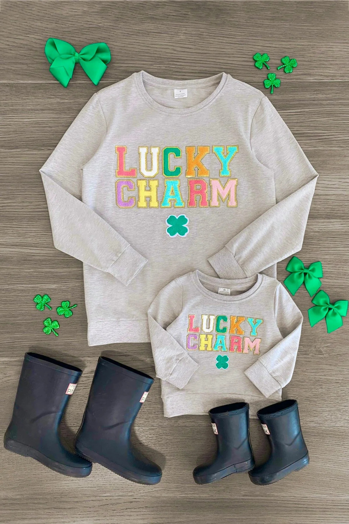 Mom & Me - "Lucky Charm" Gray Chenille Patch Top | Sparkle In Pink