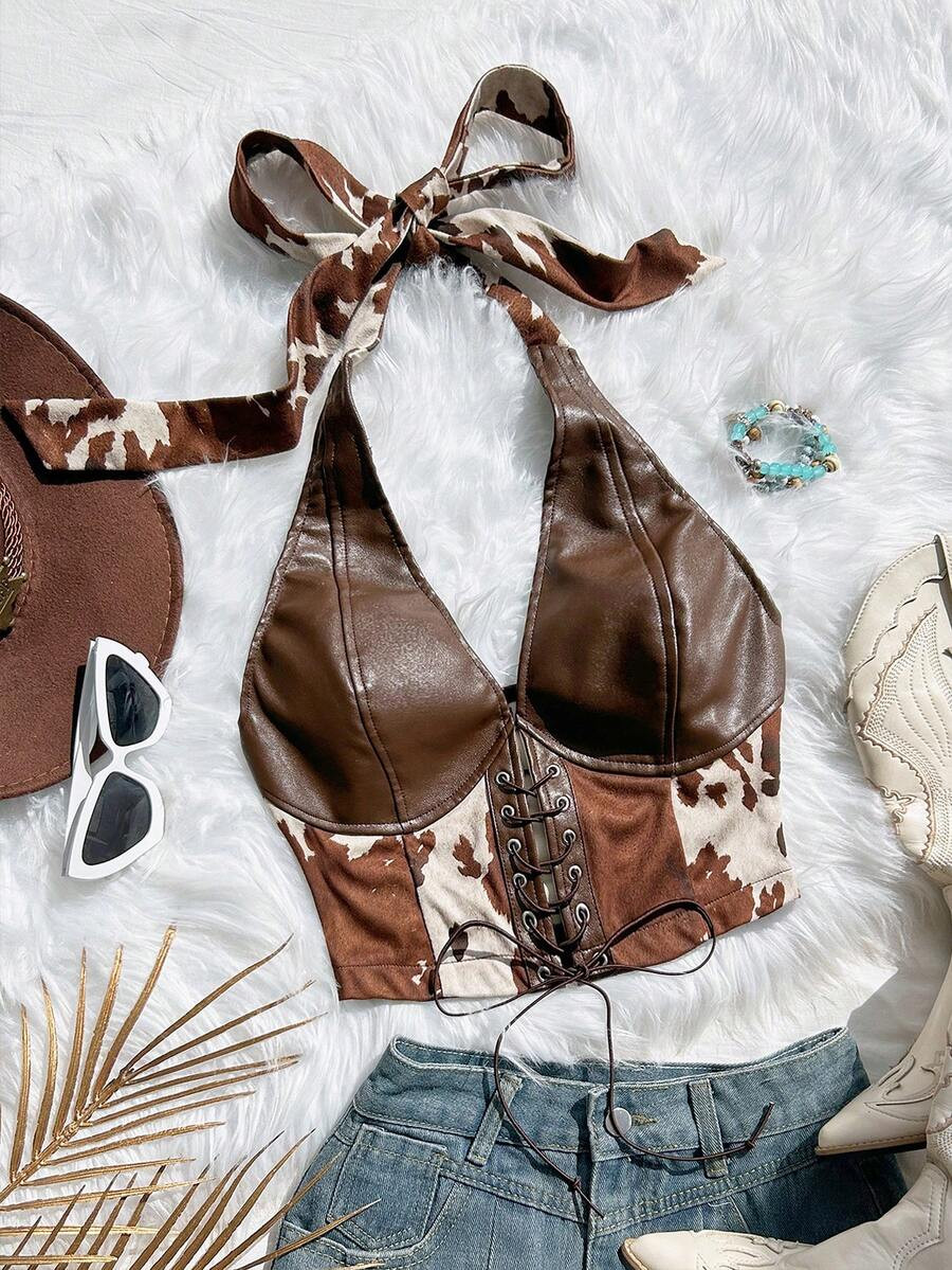 Soleia (No Chest Padding)Plus Size Women's Cow Print Halter Neck Leather Crop Top,Brown,Autumn,We... | SHEIN