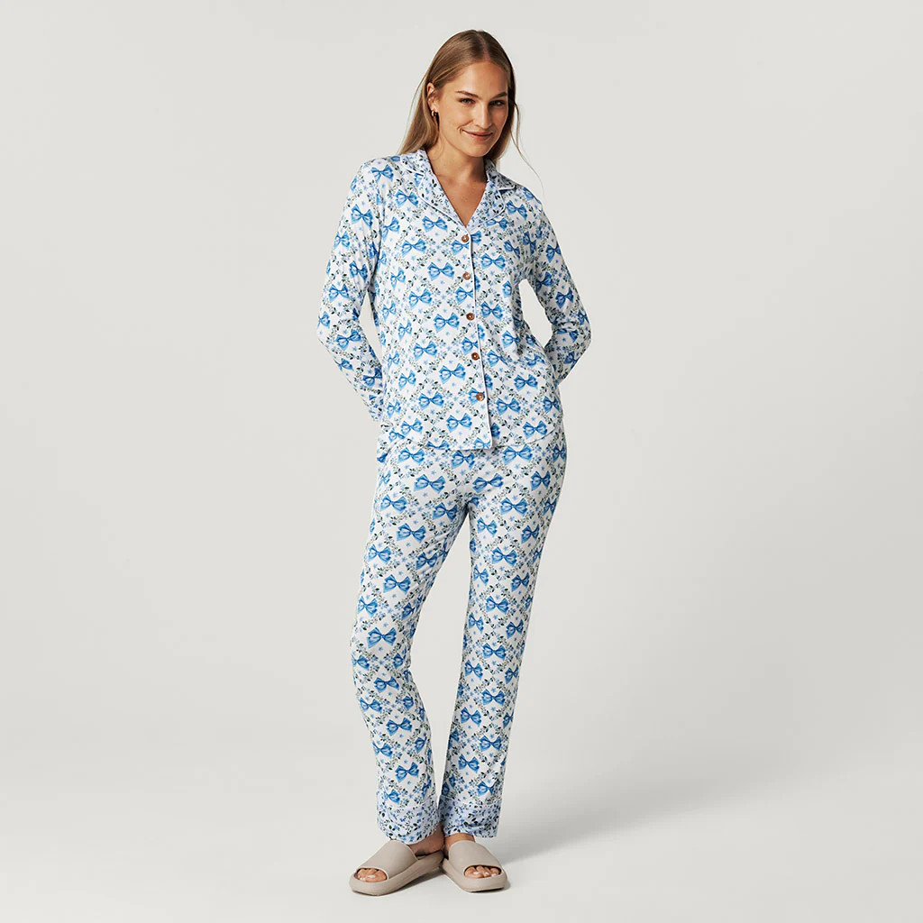 Floral Ribbons Blue Luxe Womens Pajamas | Emersyn | Posh Peanut