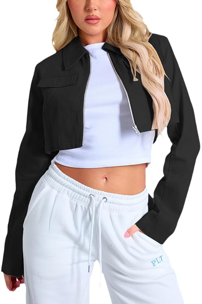 Women's Cropped Jacket Casual Zip Up Long Sleeve Lapel Crop Tops Jackets Coat | Amazon (US)