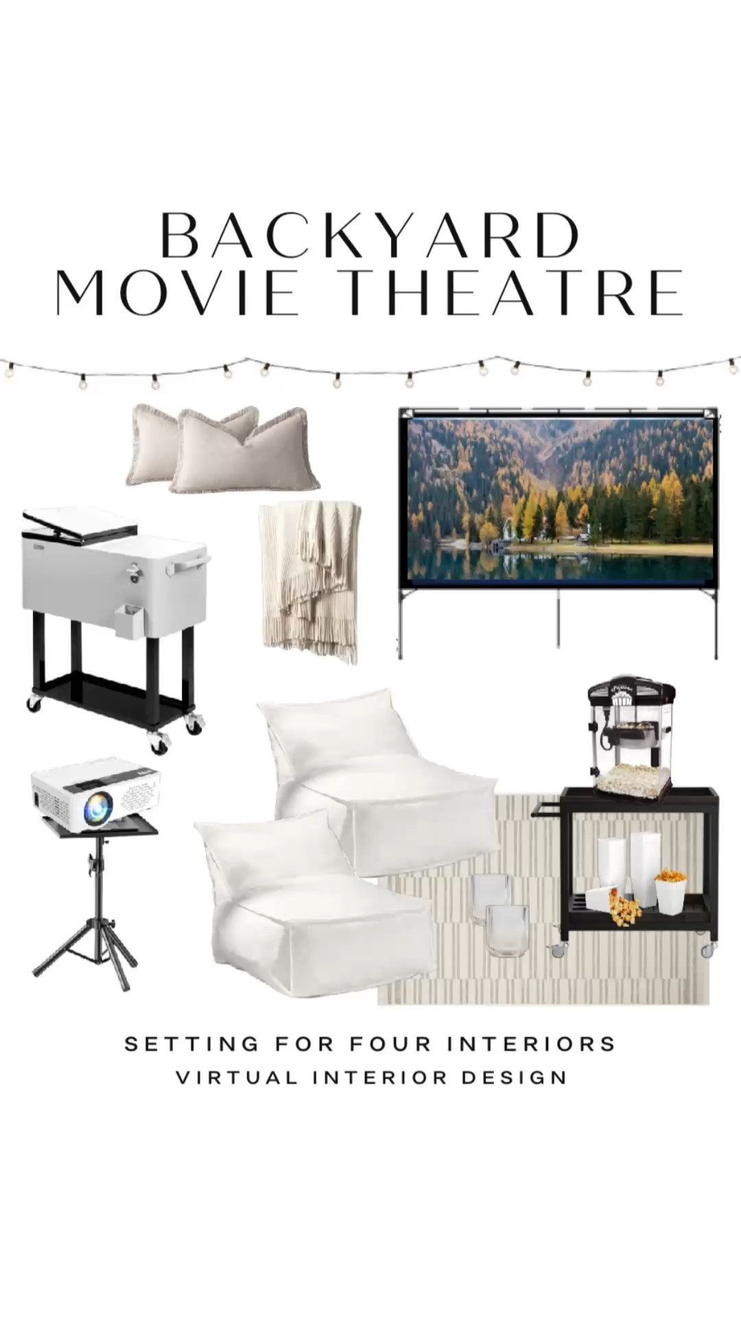 Backyard outdoor movie theater set up- entertain and summer activity for the kids! movie screen,  projector and stylish bean bag chairs for the family!
Outdoor, kids, family, fun, summer, movie screen, bean bag chairs, bar cart, popcorn maker, outdoor movie screen, string lights, outdoor string light poles, cooler, movie projector, white, black, beige, throw blanket, pillows, organic modern, transitional, farmhouse, Amazon home, Amazon finds, founditonamazon, budget, affordable, party, entertaining #LTKFindsUnder50

#LTKsummer #LTKhome #LTKkids
