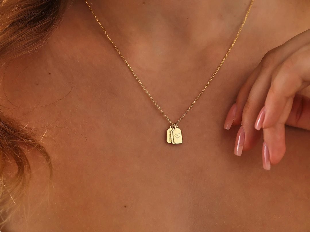 14k Solid Gold Personalized Bar Tag Necklace • Vertical Bars Initials Anniversary Gift for Wife... | Etsy (US)