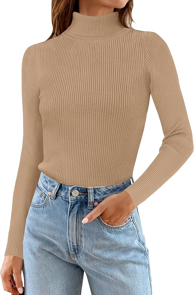 ZESICA Women's Turtleneck Long Sleeve Shirts Spring Basic Tops Slim Fitted Ribbed Knit Sweater | Amazon (US)
