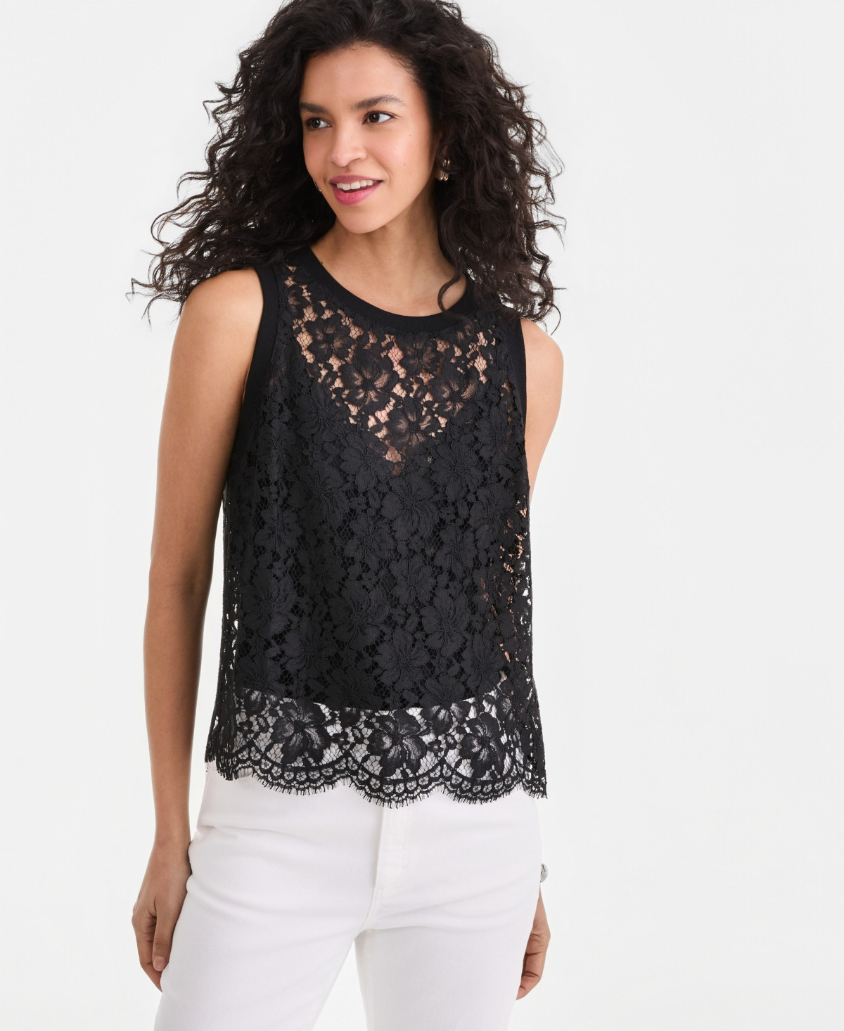 I.n.c. International Concepts Women's Lace Sleeveless Top, Macy's Exclusive - Deep Black | Macy's