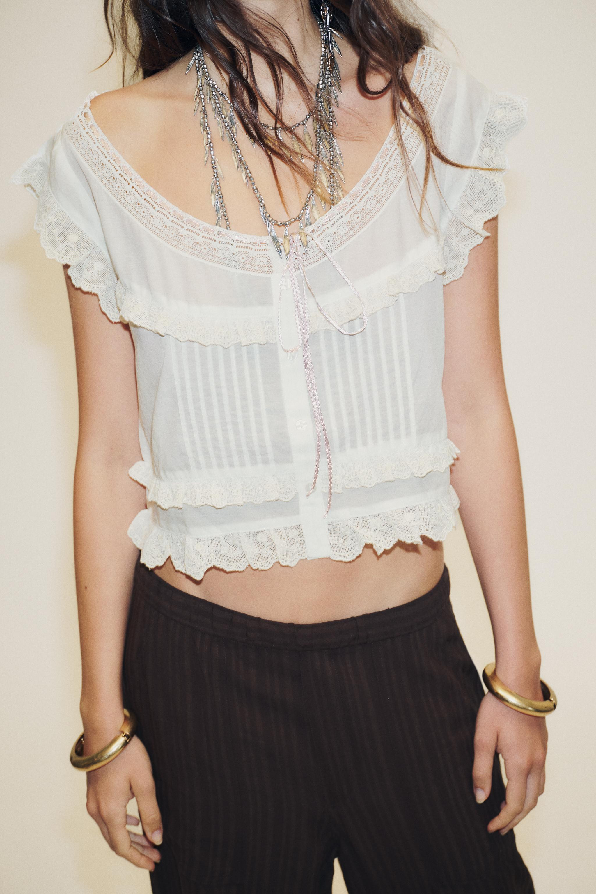 EMBROIDERED GAUZE CROP TOP WITH BOW | Zara UK