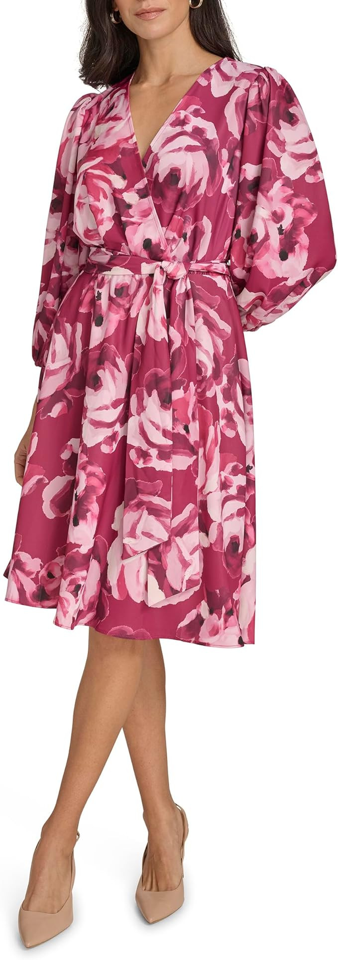 Calvin Klein Women's 3/4 Balloon Sleeve V-Neck Knee Length Faux Wrap Dress | Amazon (US)