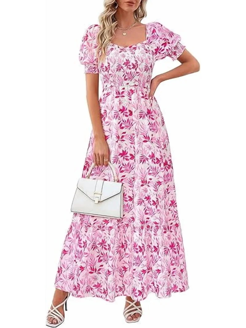 PRETTYGARDEN Women's Floral Boho Maxi Dresses Flowy Short Sleeve A Line Smocked Eyelet Summer Bea... | Walmart (US)