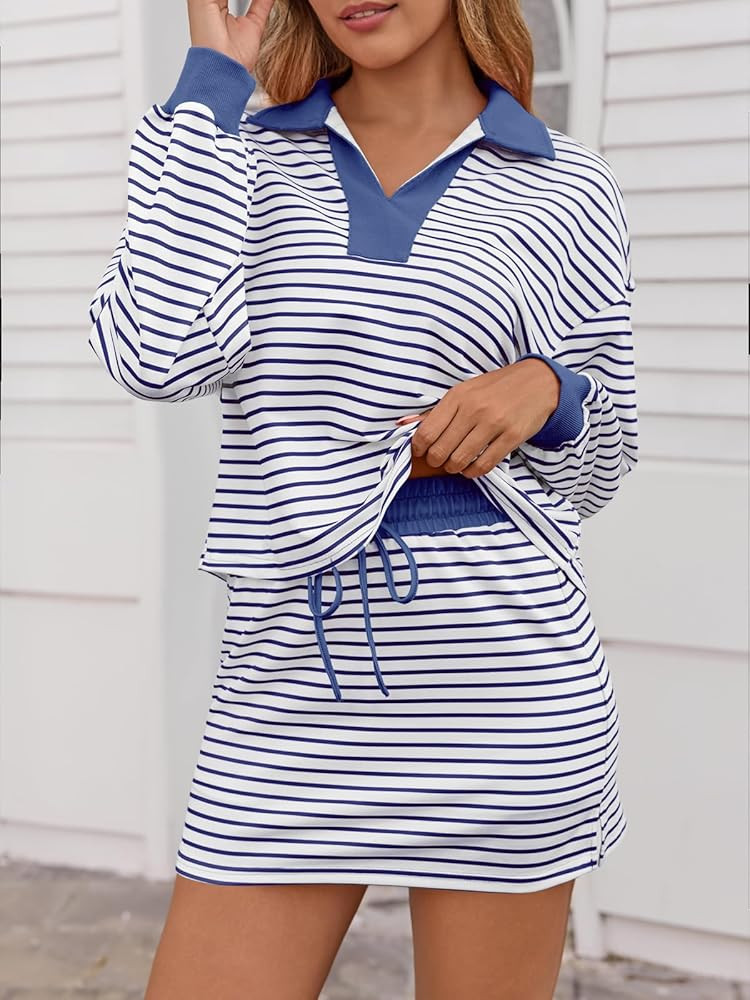 Fisoew Womens Striped 2 Piece Outfits Casual Sweatshirt Skirt Set Long Sleeve Skort Workout Set M... | Amazon (US)