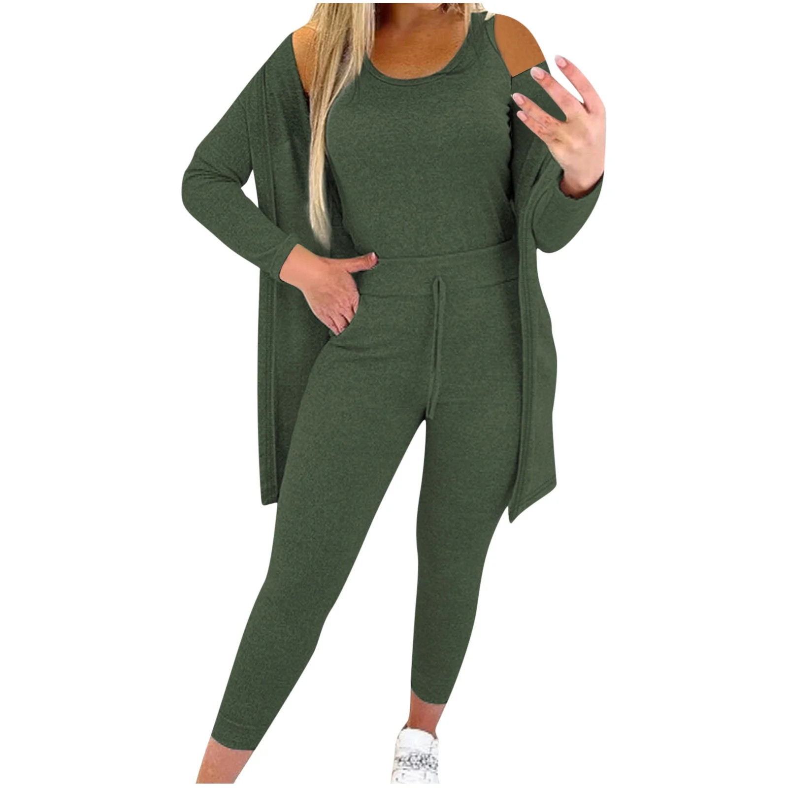 BYOIMUD Women's Three-piece Set Homewear Legging Vest and Tunic Cardigan Solid Color Long Sleeve ... | Walmart (US)