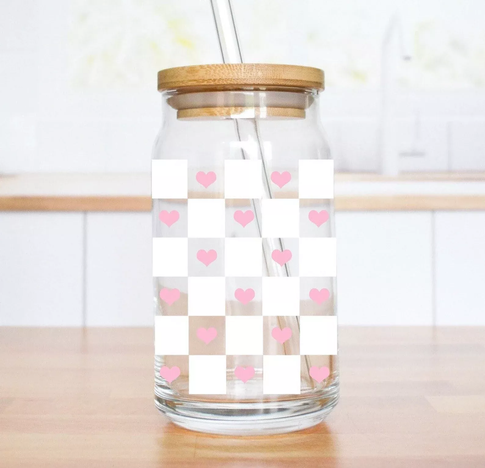 Pink Hearts Glass Iced Coffee Cup