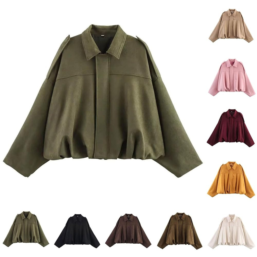Suede Bomber Jacket Women Fashion Lapel Pilot Coat Casual Oversized Long Sleeves Trendy Streetwea... | Amazon (UK)