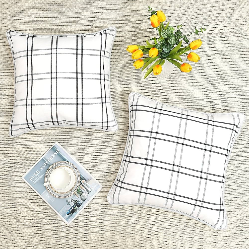 Amzdecor Pack of 2 Plaid Throw Pillow Covers, Stripe Plaid Welted Cushion Case for Farmhouse Sofa... | Amazon (US)