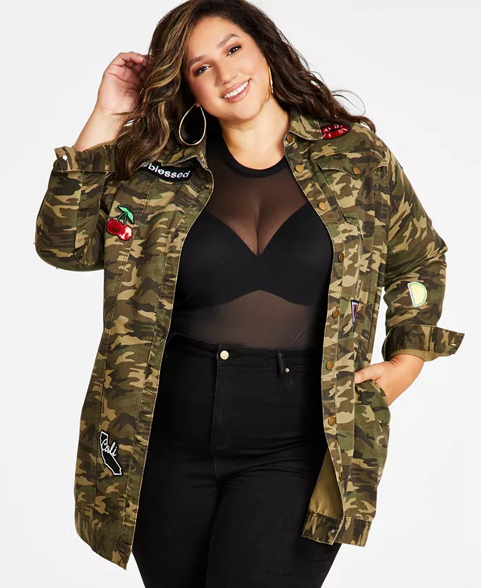Trendy Plus Size Patched Camo-Print Jacket | Macy's