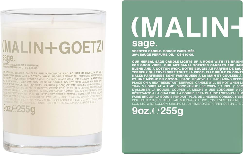MALIN+GOETZ 9oz Scented Candle | Hand-Poured Soy Wax with Unique Fragrance Blends | Clean-Burning, Vegan & Cruelty-Free | Bergamot, Sage, Otto, Tomato, Strawberry, Cannabis, Dark Rum & Leather | Amazon (US)